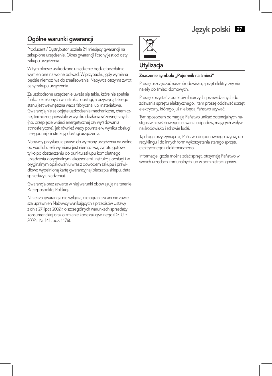 Język polski | AEG HCS 5577 User Manual | Page 27 / 36