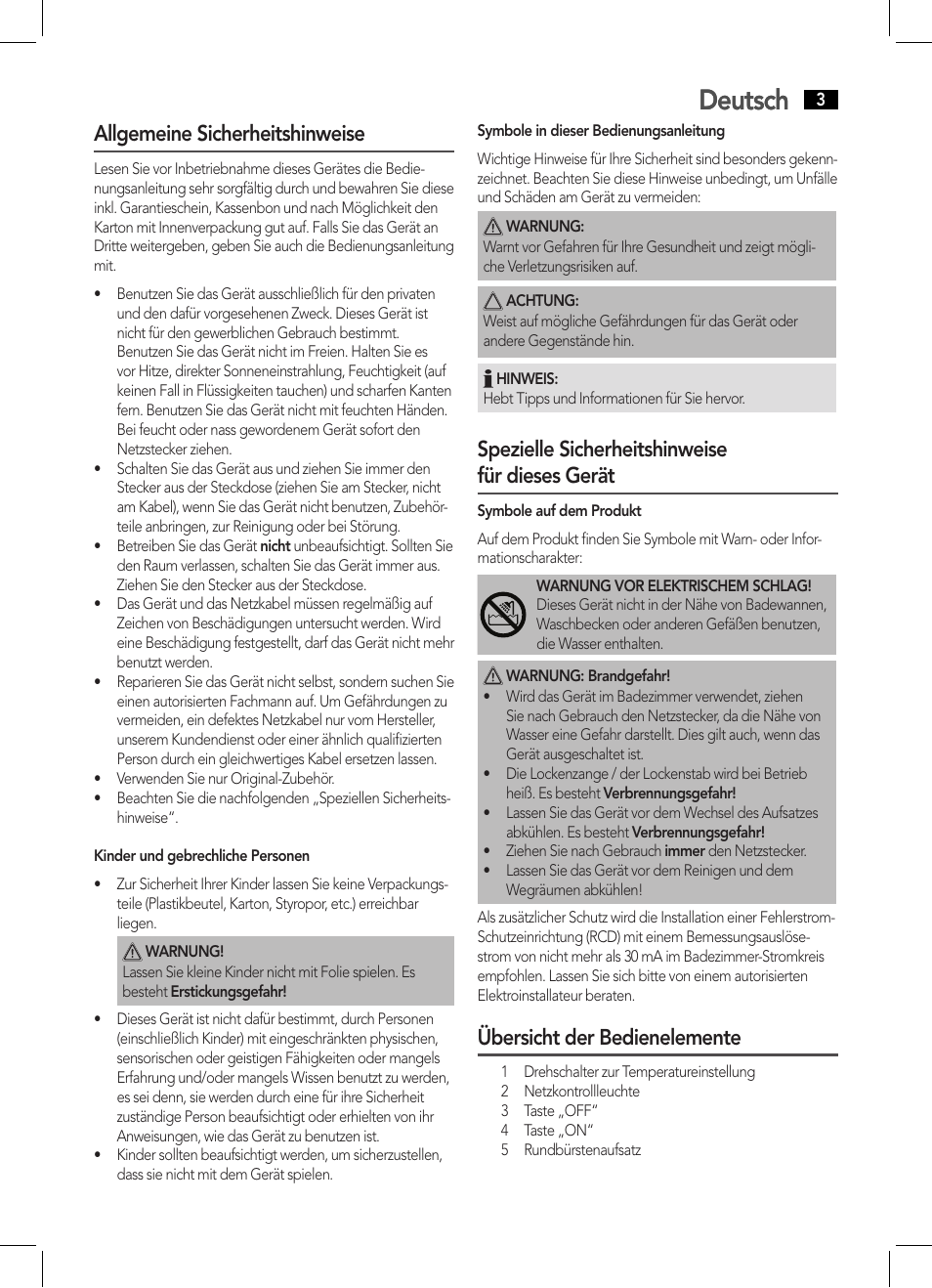 Deutsch, Allgemeine sicherheitshinweise, Spezielle sicherheitshinweise für dieses gerät | Übersicht der bedienelemente | AEG HCS 5577 User Manual | Page 3 / 36