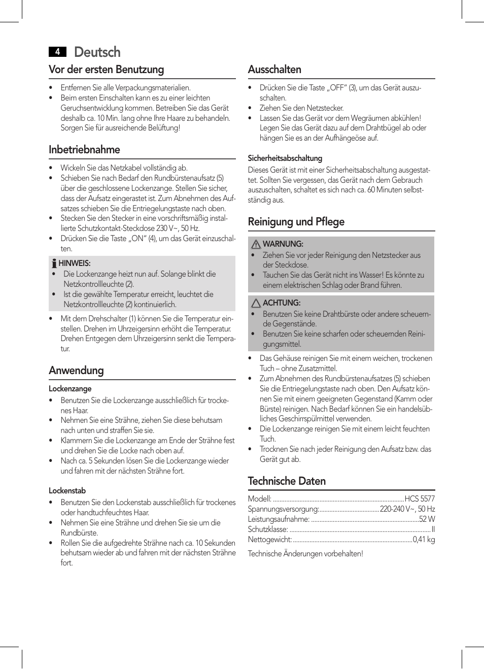 Deutsch, Vor der ersten benutzung, Inbetriebnahme | Anwendung, Ausschalten, Reinigung und pflege, Technische daten | AEG HCS 5577 User Manual | Page 4 / 36