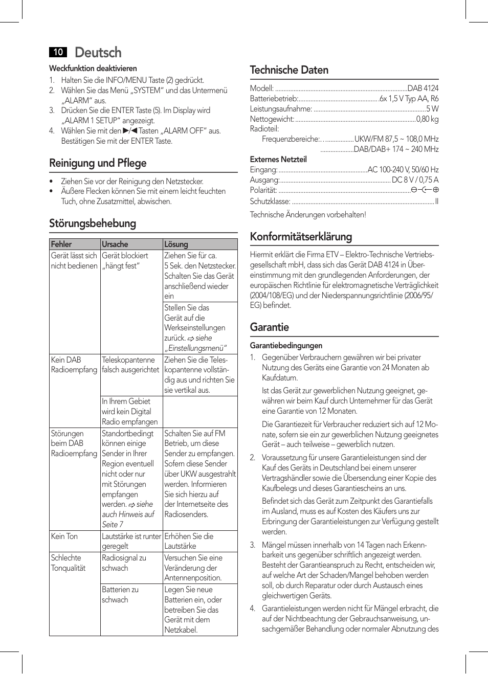 Deutsch, Reinigung und pflege, Störungsbehebung | Technische daten, Konformitätserklärung, Garantie | AEG DAB 4124 User Manual | Page 10 / 42