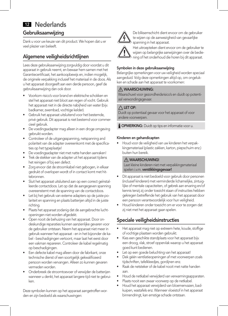 Nederlands, Gebruiksaanwijzing, Algemene veiligheidsrichtlijnen | Speciale veiligheidsinstructies | AEG DAB 4124 User Manual | Page 12 / 42