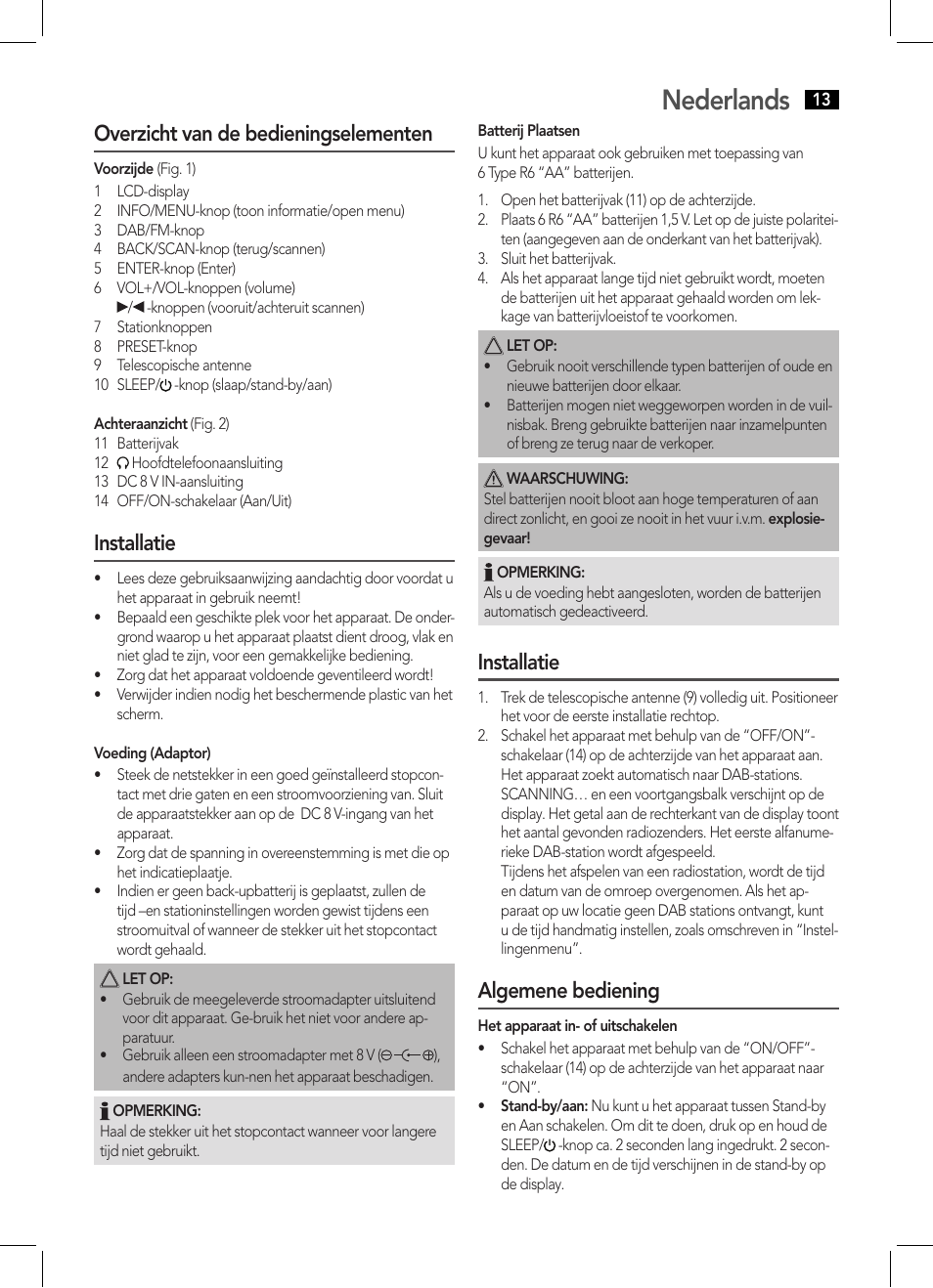 Nederlands, Overzicht van de bedieningselementen, Installatie | Algemene bediening | AEG DAB 4124 User Manual | Page 13 / 42