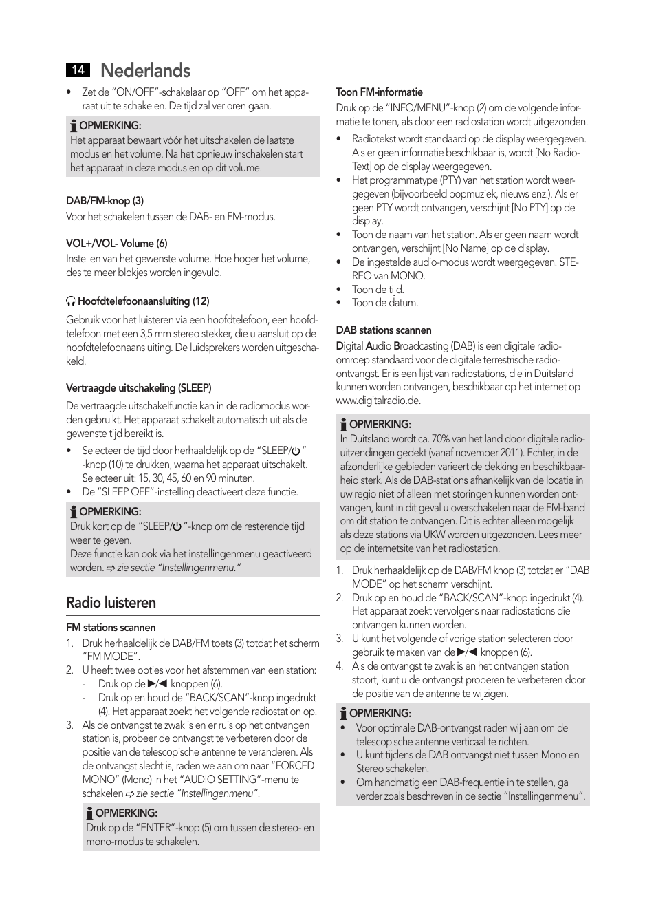 Nederlands, Radio luisteren | AEG DAB 4124 User Manual | Page 14 / 42