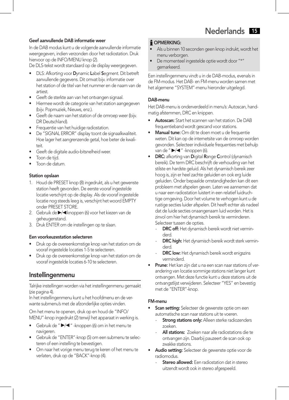 Nederlands, Instellingenmenu | AEG DAB 4124 User Manual | Page 15 / 42