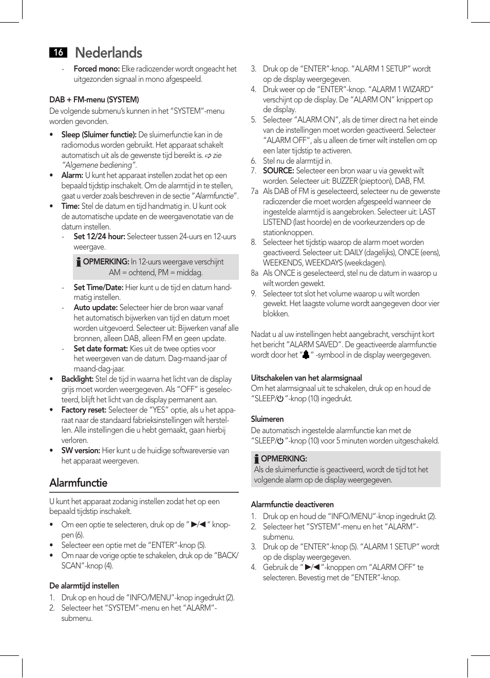 Nederlands, Alarmfunctie | AEG DAB 4124 User Manual | Page 16 / 42