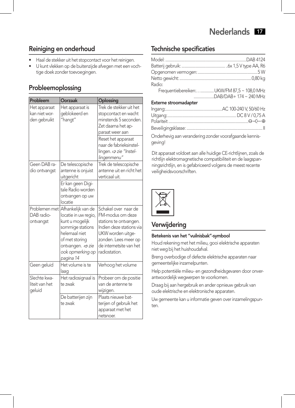 Nederlands, Probleemoplossing, Technische specificaties | Verwijdering, Reiniging en onderhoud | AEG DAB 4124 User Manual | Page 17 / 42