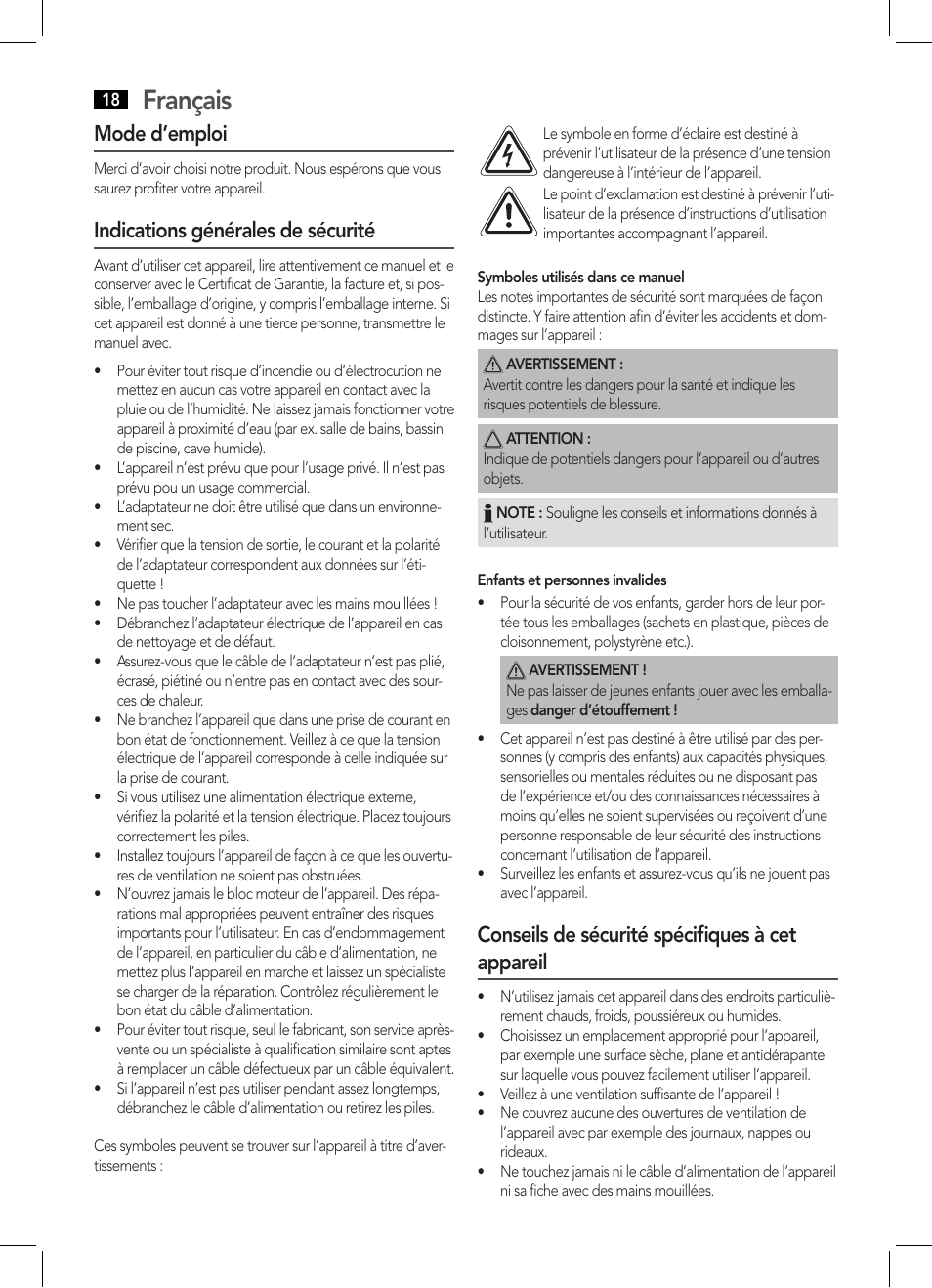 Français, Mode d’emploi, Indications générales de sécurité | Conseils de sécurité spécifiques à cet appareil | AEG DAB 4124 User Manual | Page 18 / 42