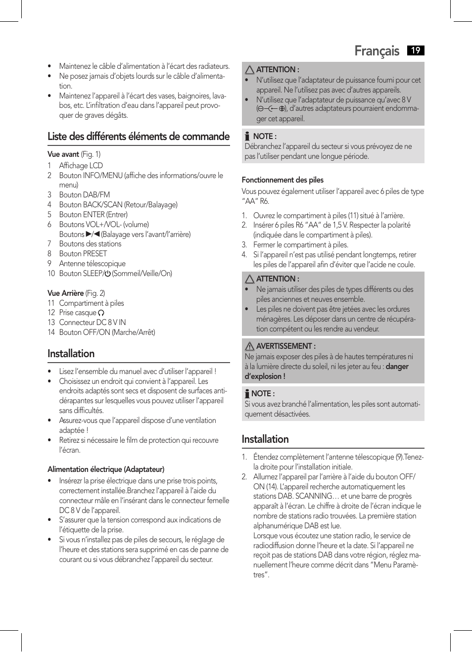 Français, Liste des différents éléments de commande, Installation | AEG DAB 4124 User Manual | Page 19 / 42