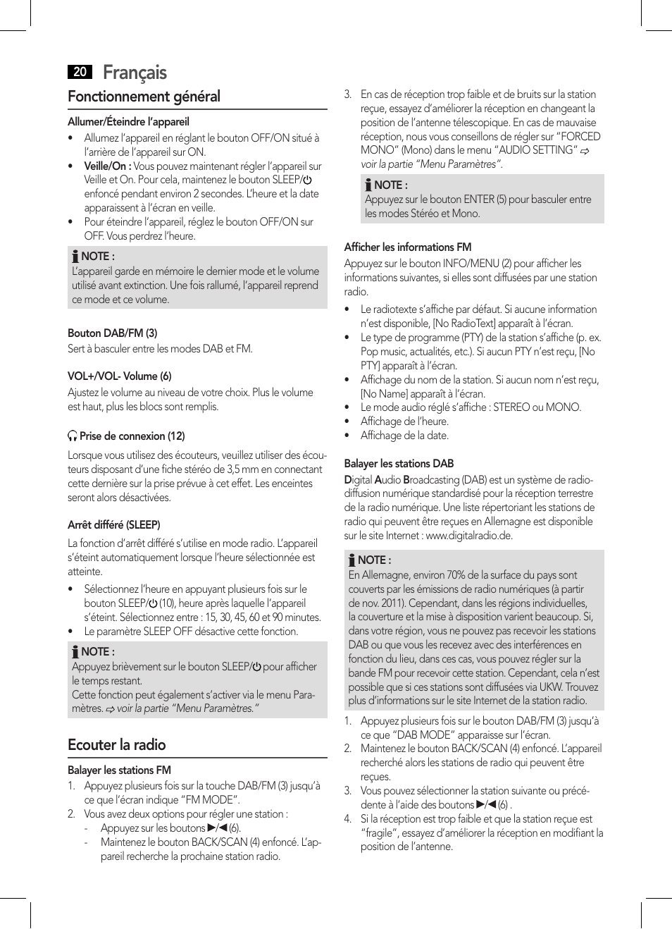 Français, Fonctionnement général, Ecouter la radio | AEG DAB 4124 User Manual | Page 20 / 42