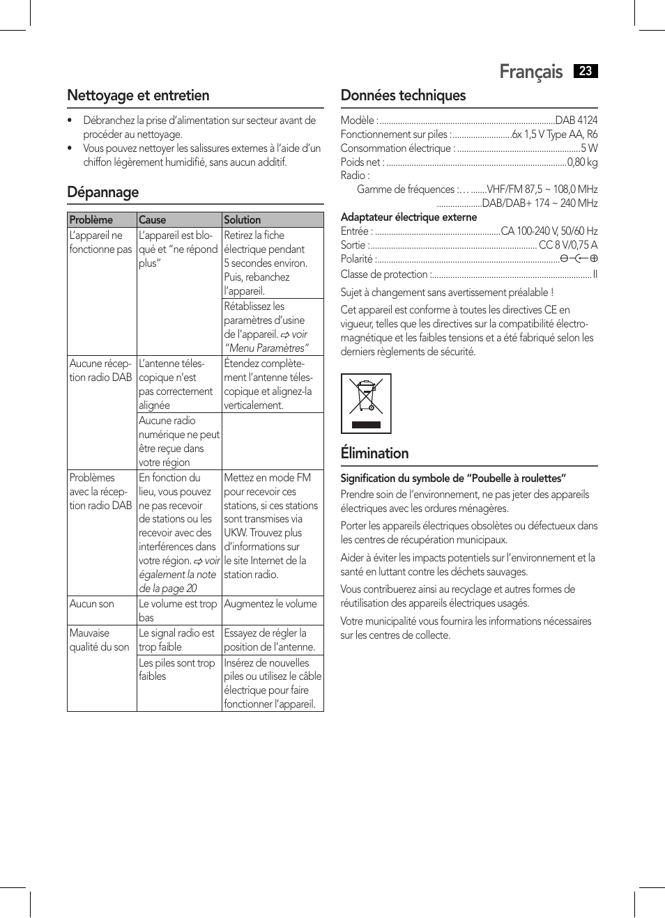 Français, Nettoyage et entretien, Dépannage | Données techniques, Élimination | AEG DAB 4124 User Manual | Page 23 / 42