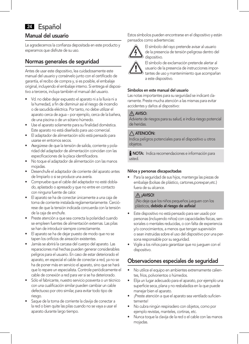 Español, Manual del usuario, Normas generales de seguridad | Observaciones especiales de seguridad | AEG DAB 4124 User Manual | Page 24 / 42