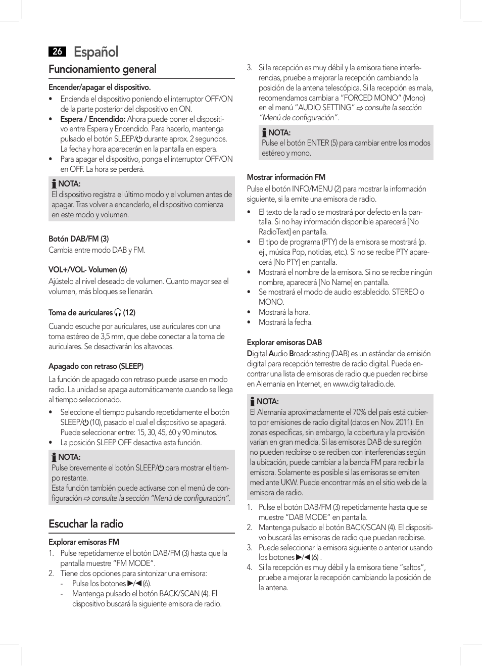 Español, Funcionamiento general, Escuchar la radio | AEG DAB 4124 User Manual | Page 26 / 42