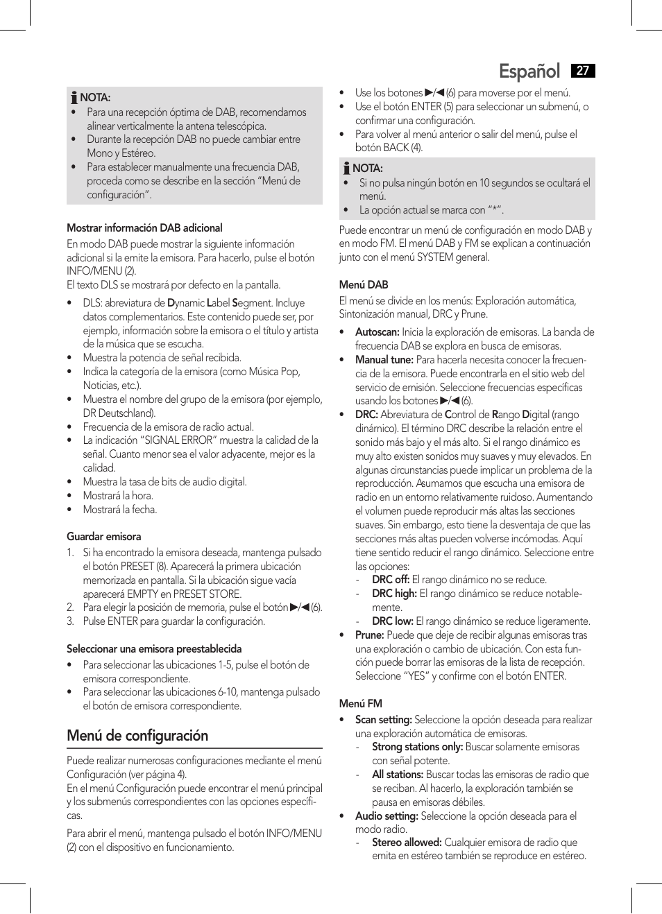 Español, Menú de configuración | AEG DAB 4124 User Manual | Page 27 / 42