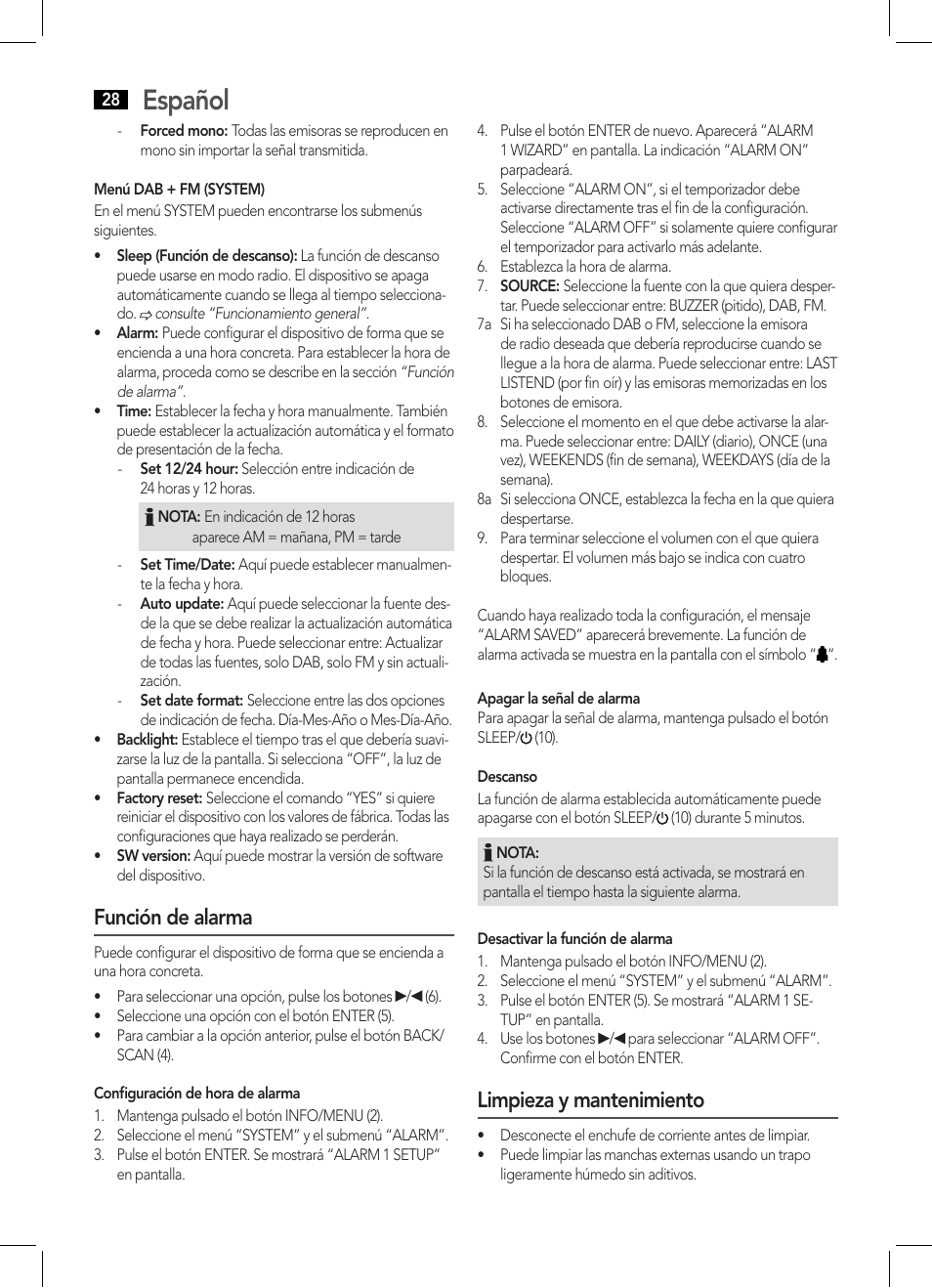 Español, Función de alarma, Limpieza y mantenimiento | AEG DAB 4124 User Manual | Page 28 / 42