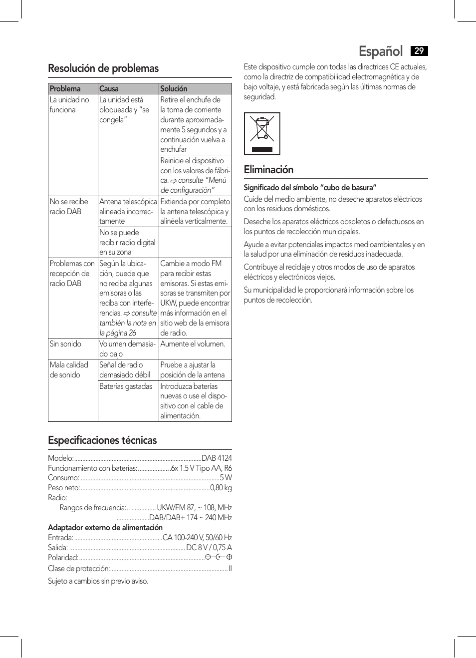 Español, Resolución de problemas, Especificaciones técnicas | Eliminación | AEG DAB 4124 User Manual | Page 29 / 42