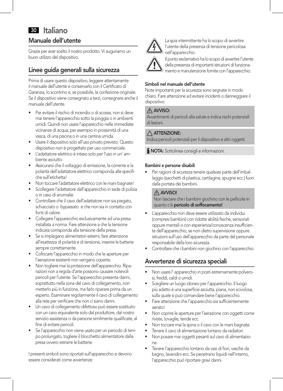 Italiano, Manuale dell’utente, Linee guida generali sulla sicurezza | Avvertenze di sicurezza speciali | AEG DAB 4124 User Manual | Page 30 / 42