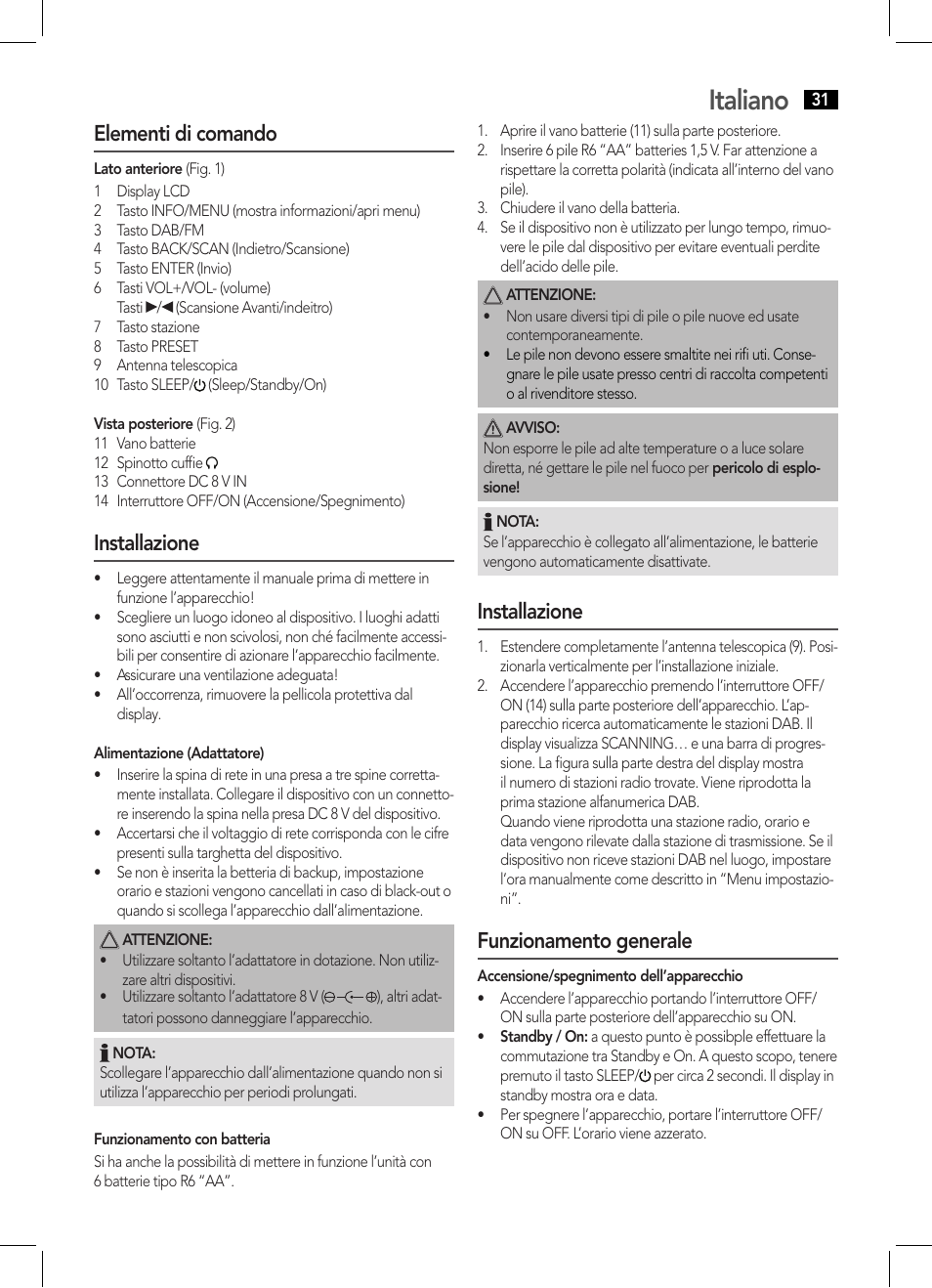 Italiano, Elementi di comando, Installazione | Funzionamento generale | AEG DAB 4124 User Manual | Page 31 / 42