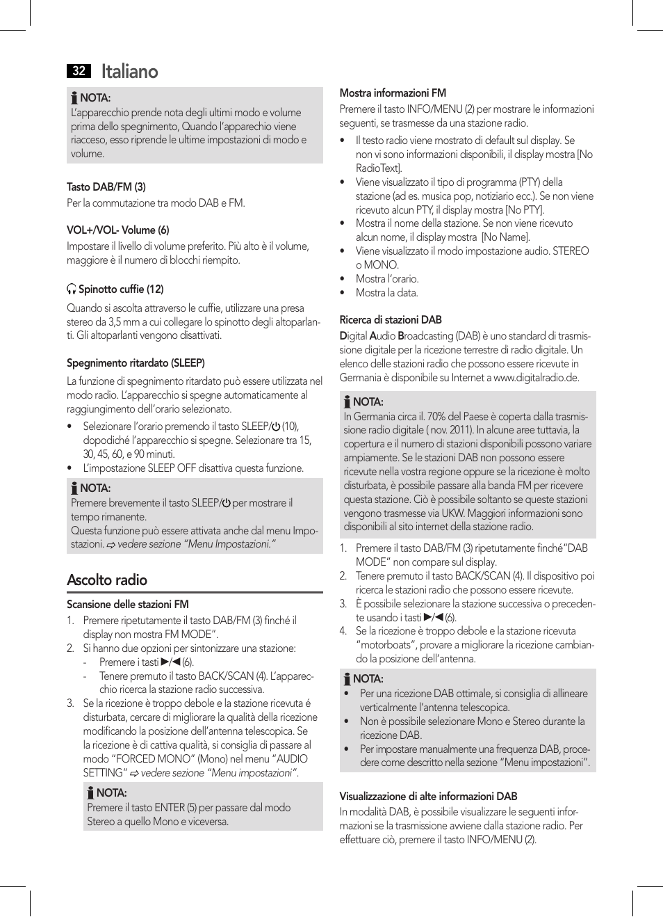 Italiano, Ascolto radio | AEG DAB 4124 User Manual | Page 32 / 42