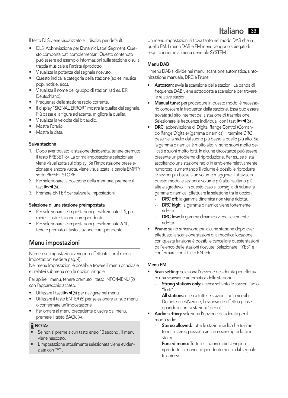 Italiano, Menu impostazioni | AEG DAB 4124 User Manual | Page 33 / 42