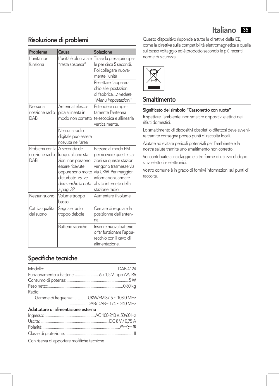 Italiano, Risoluzione di problemi, Specifiche tecniche | Smaltimento | AEG DAB 4124 User Manual | Page 35 / 42