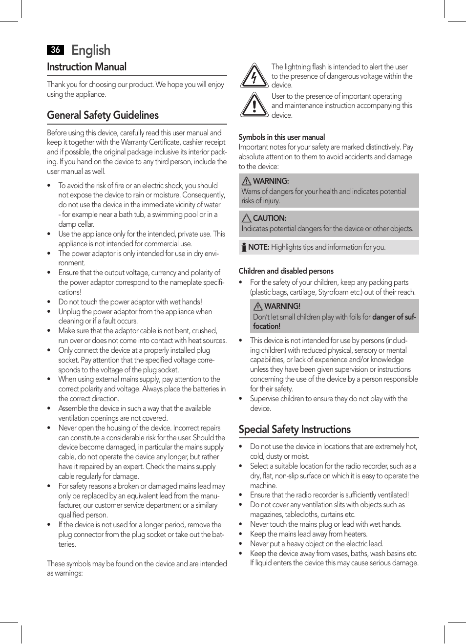 English, Instruction manual, General safety guidelines | Special safety instructions | AEG DAB 4124 User Manual | Page 36 / 42