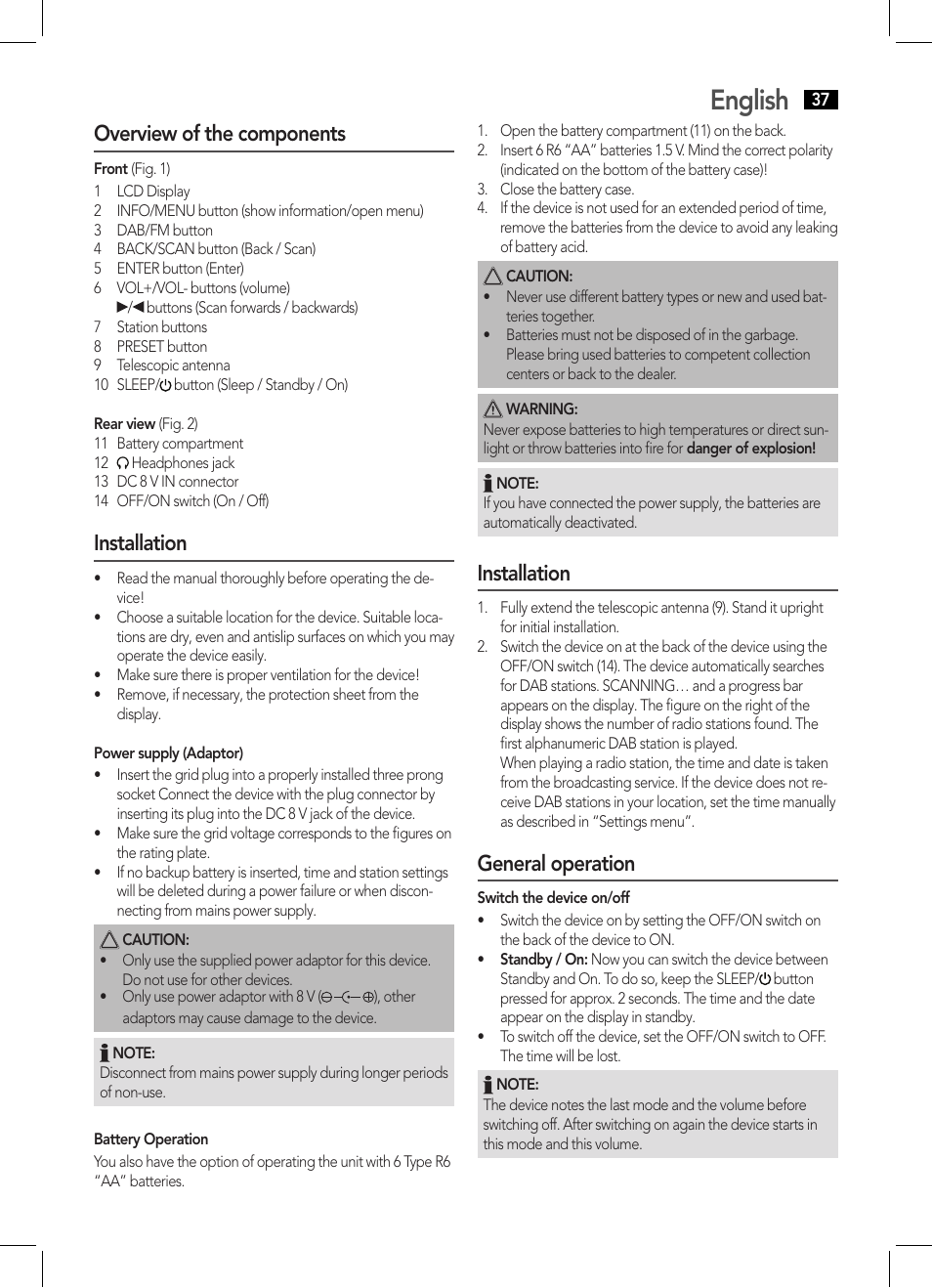 English, Overview of the components, Installation | General operation | AEG DAB 4124 User Manual | Page 37 / 42