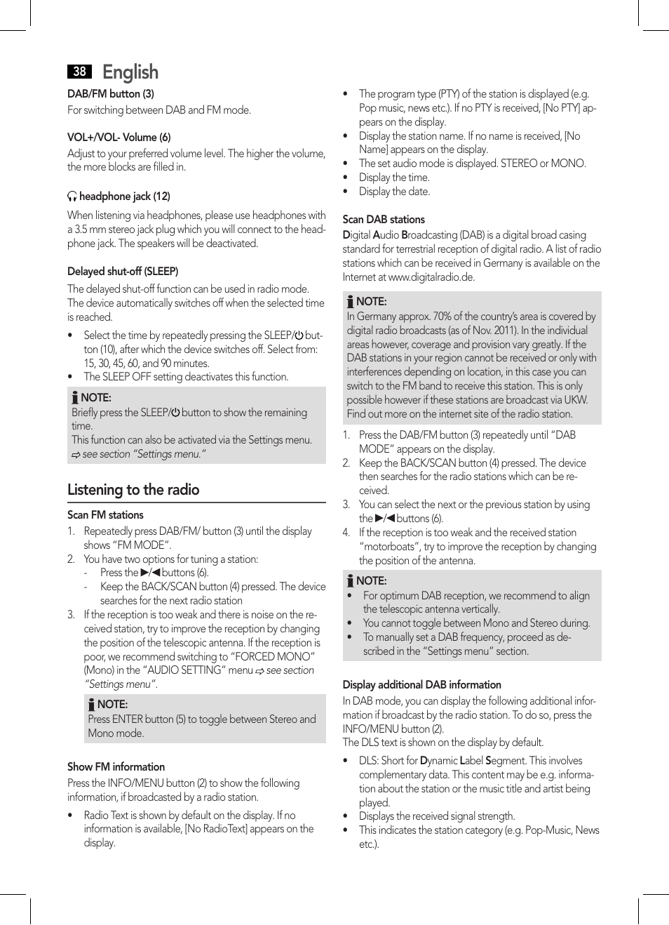 English, Listening to the radio | AEG DAB 4124 User Manual | Page 38 / 42