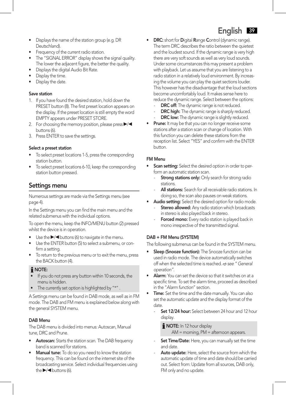 English, Settings menu | AEG DAB 4124 User Manual | Page 39 / 42