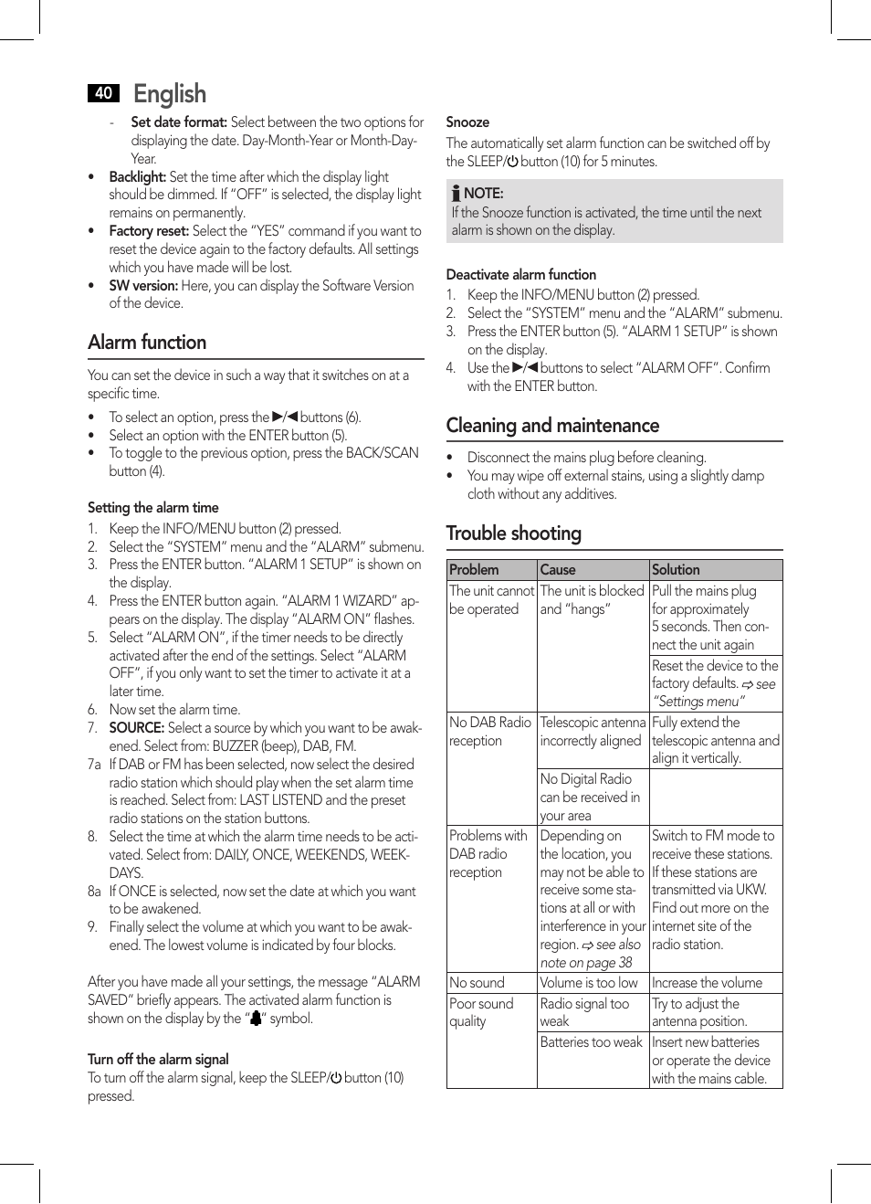 English, Alarm function, Cleaning and maintenance | Trouble shooting | AEG DAB 4124 User Manual | Page 40 / 42