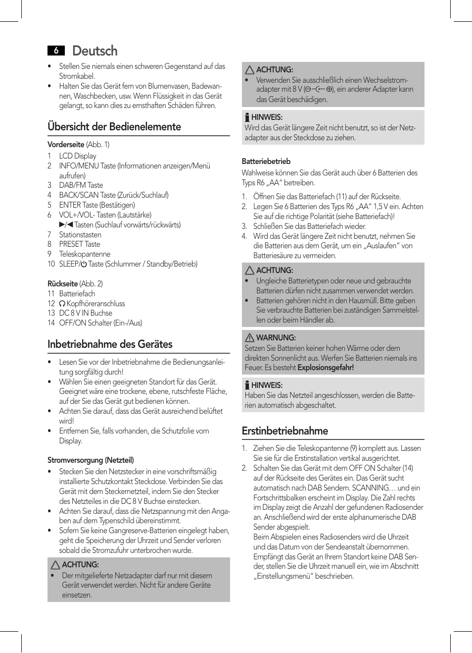 Deutsch, Übersicht der bedienelemente, Inbetriebnahme des gerätes | Erstinbetriebnahme | AEG DAB 4124 User Manual | Page 6 / 42