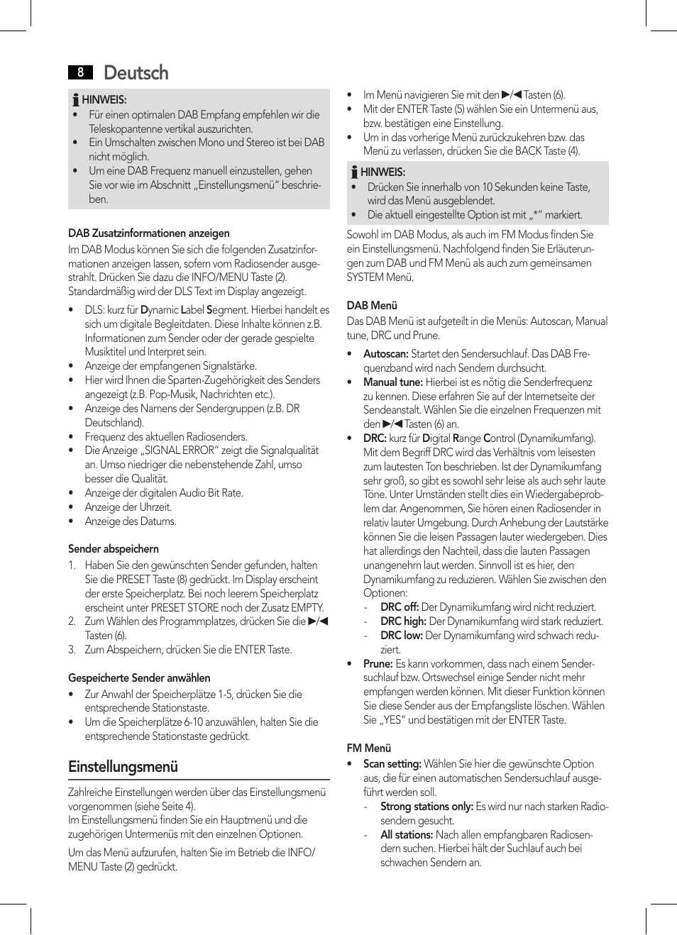 Deutsch, Einstellungsmenü | AEG DAB 4124 User Manual | Page 8 / 42