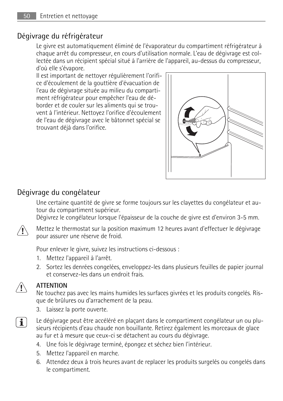 Dégivrage du réfrigérateur, Dégivrage du congélateur | AEG SDS51200S0 User Manual | Page 50 / 84