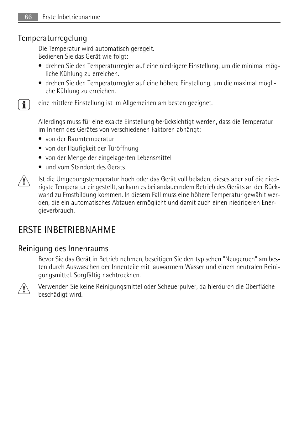 Erste inbetriebnahme, Temperaturregelung, Reinigung des innenraums | AEG SDS51200S0 User Manual | Page 66 / 84
