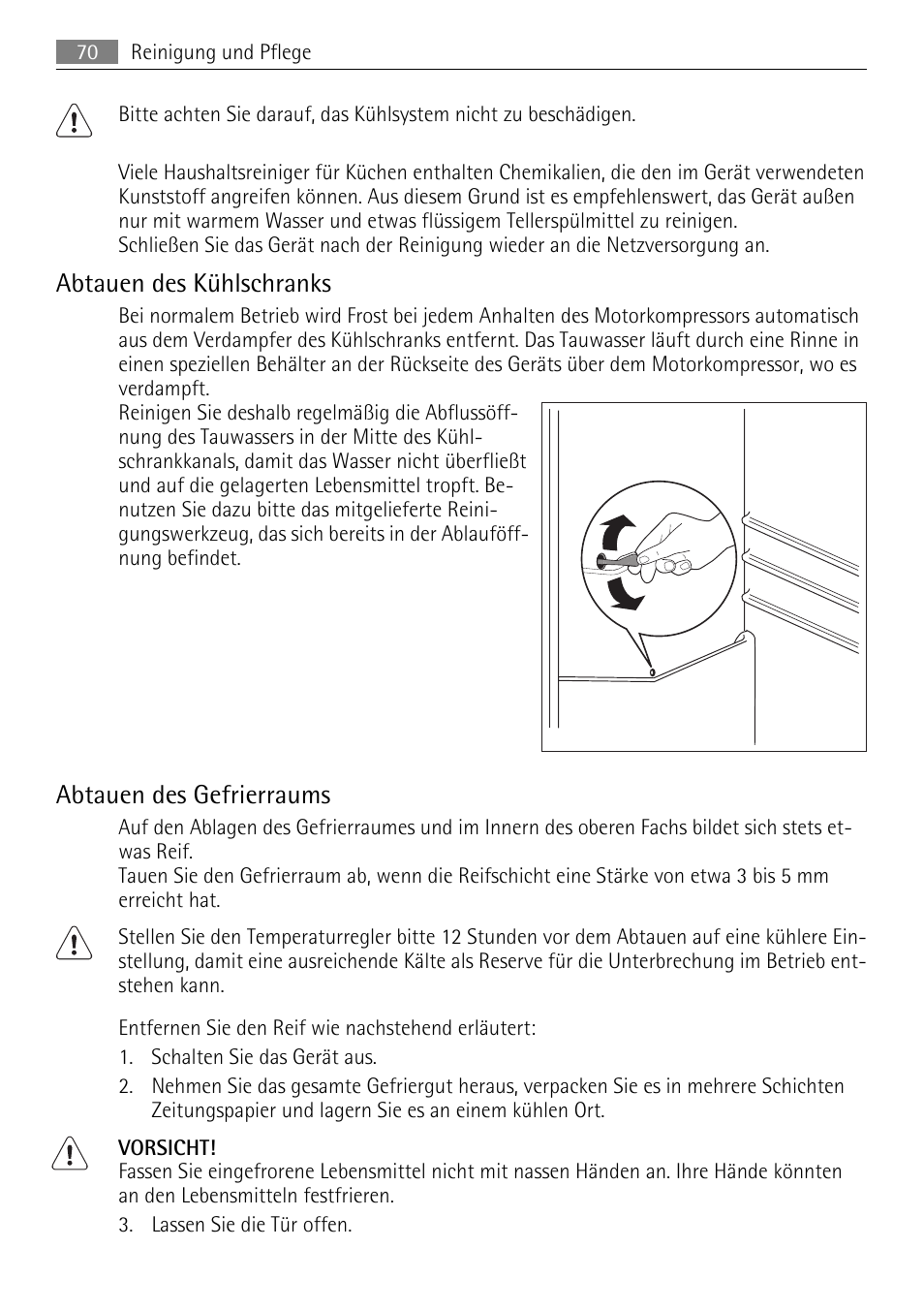 Abtauen des kühlschranks, Abtauen des gefrierraums | AEG SDS51200S0 User Manual | Page 70 / 84