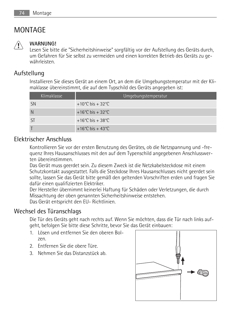 Montage, Aufstellung, Elektrischer anschluss | Wechsel des türanschlags | AEG SDS51200S0 User Manual | Page 74 / 84