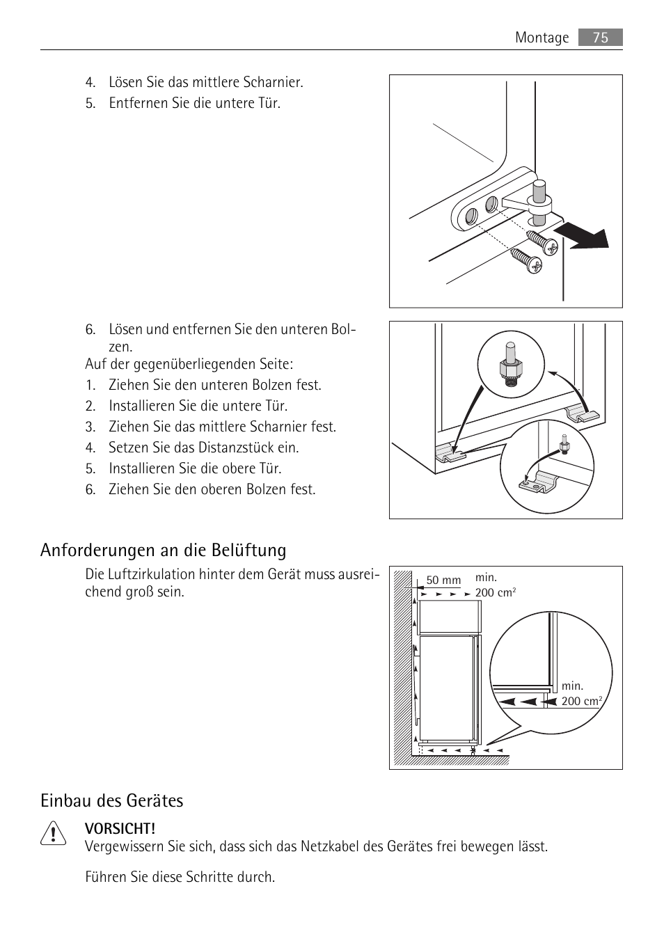 Anforderungen an die belüftung, Einbau des gerätes | AEG SDS51200S0 User Manual | Page 75 / 84