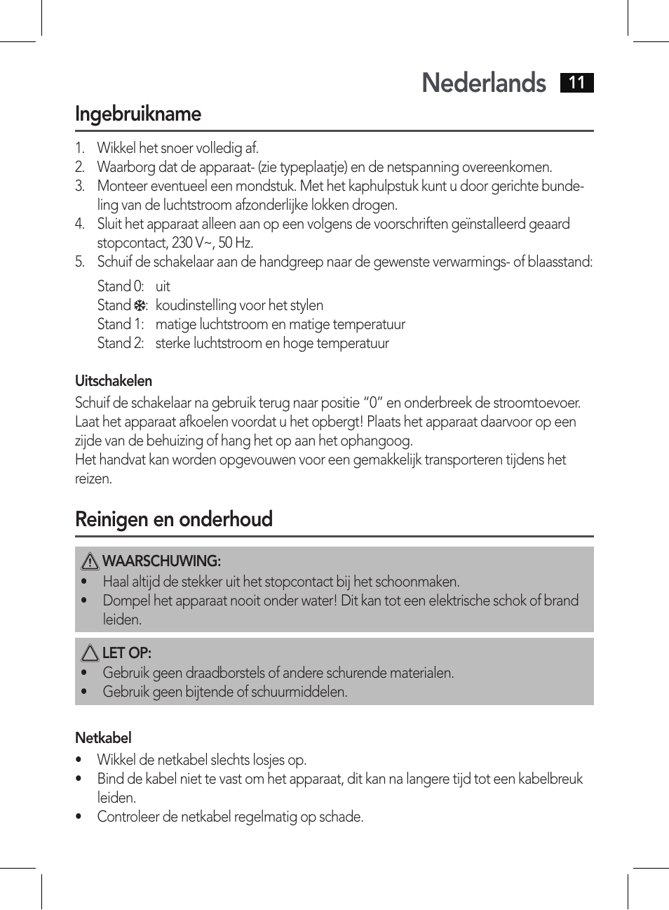 Nederlands, Ingebruikname, Reinigen en onderhoud | AEG HT 5579 User Manual | Page 11 / 52