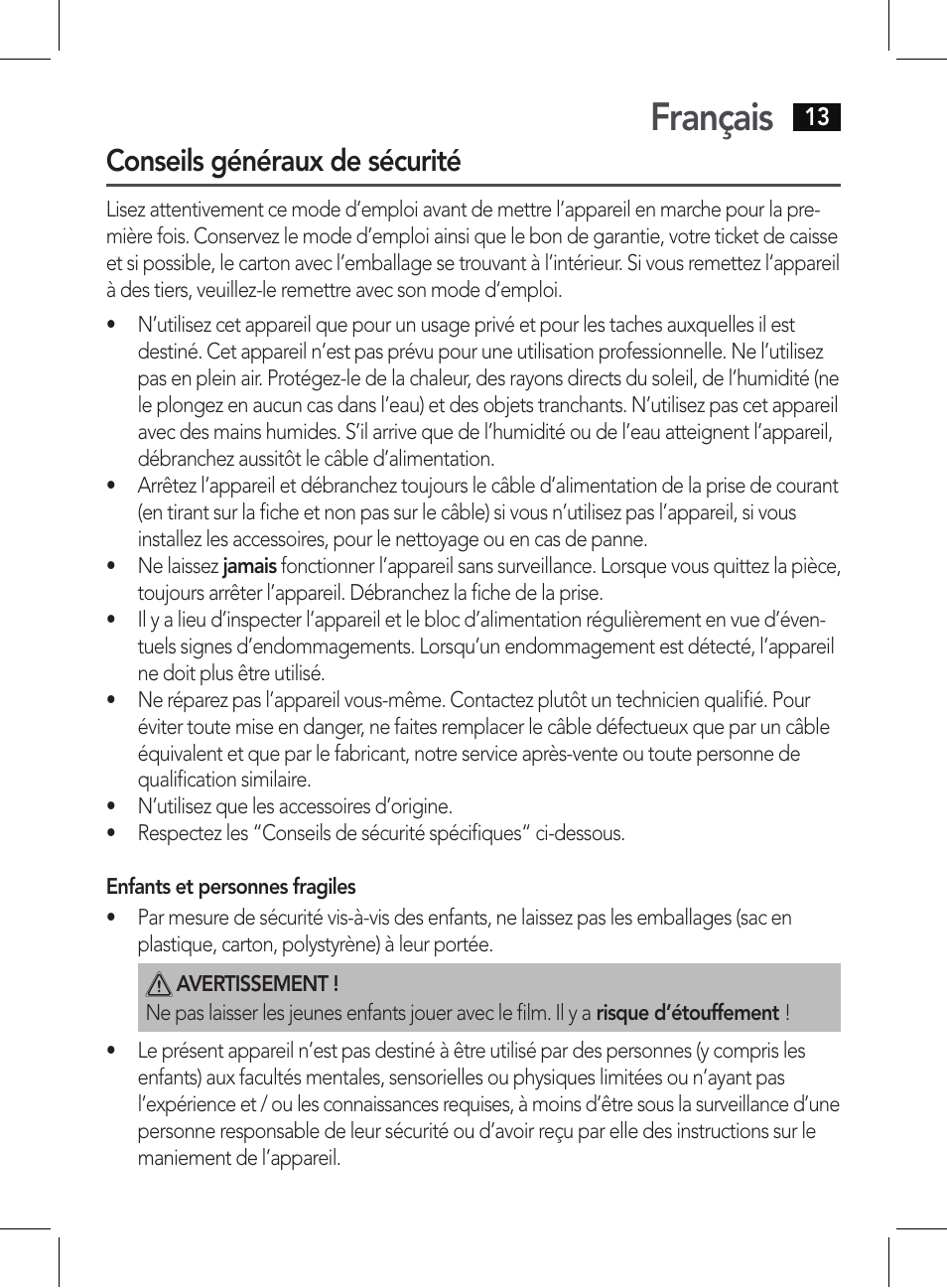 Français, Conseils généraux de sécurité | AEG HT 5579 User Manual | Page 13 / 52