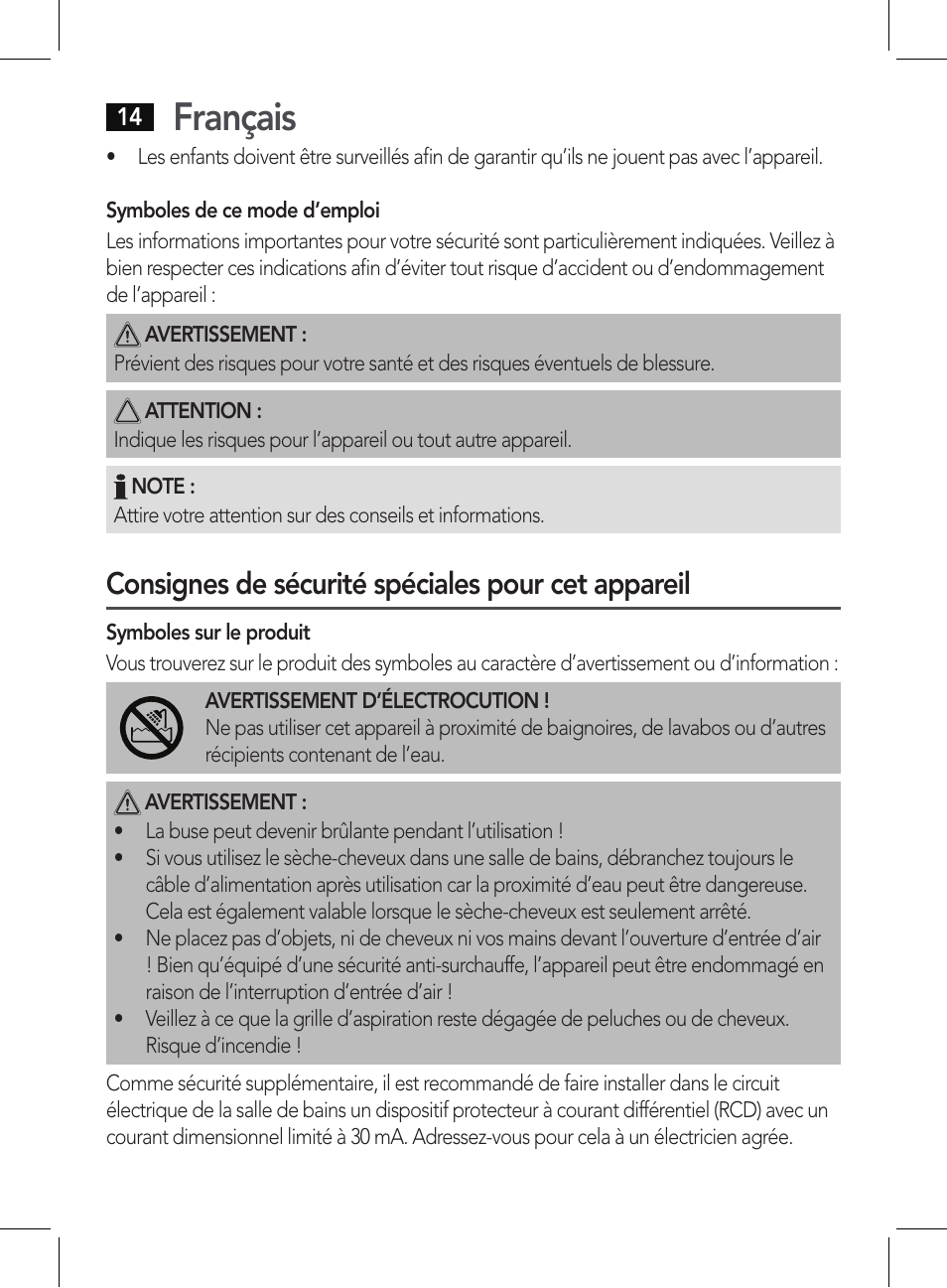 Français, Consignes de sécurité spéciales pour cet appareil | AEG HT 5579 User Manual | Page 14 / 52