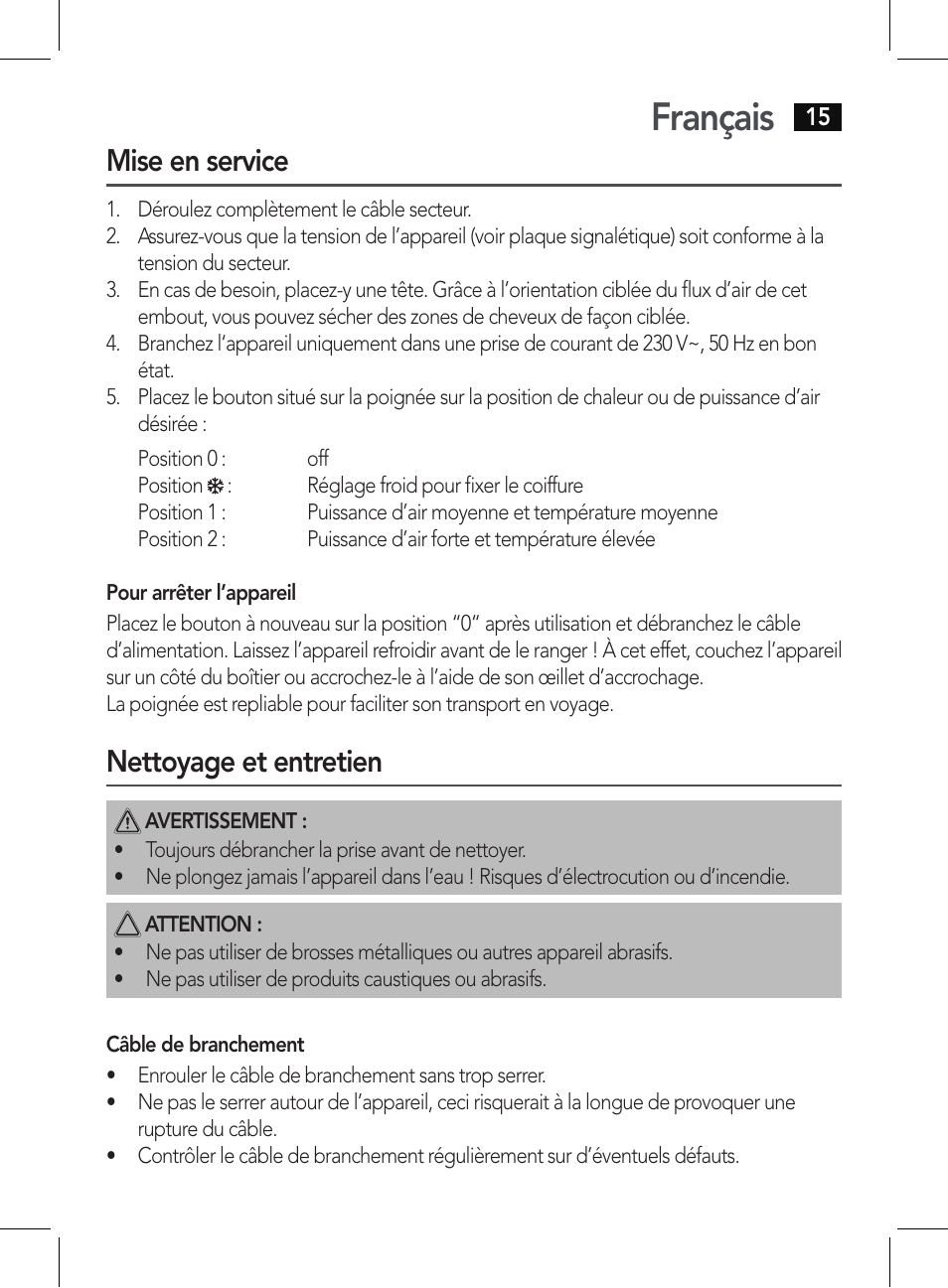 Français, Mise en service, Nettoyage et entretien | AEG HT 5579 User Manual | Page 15 / 52