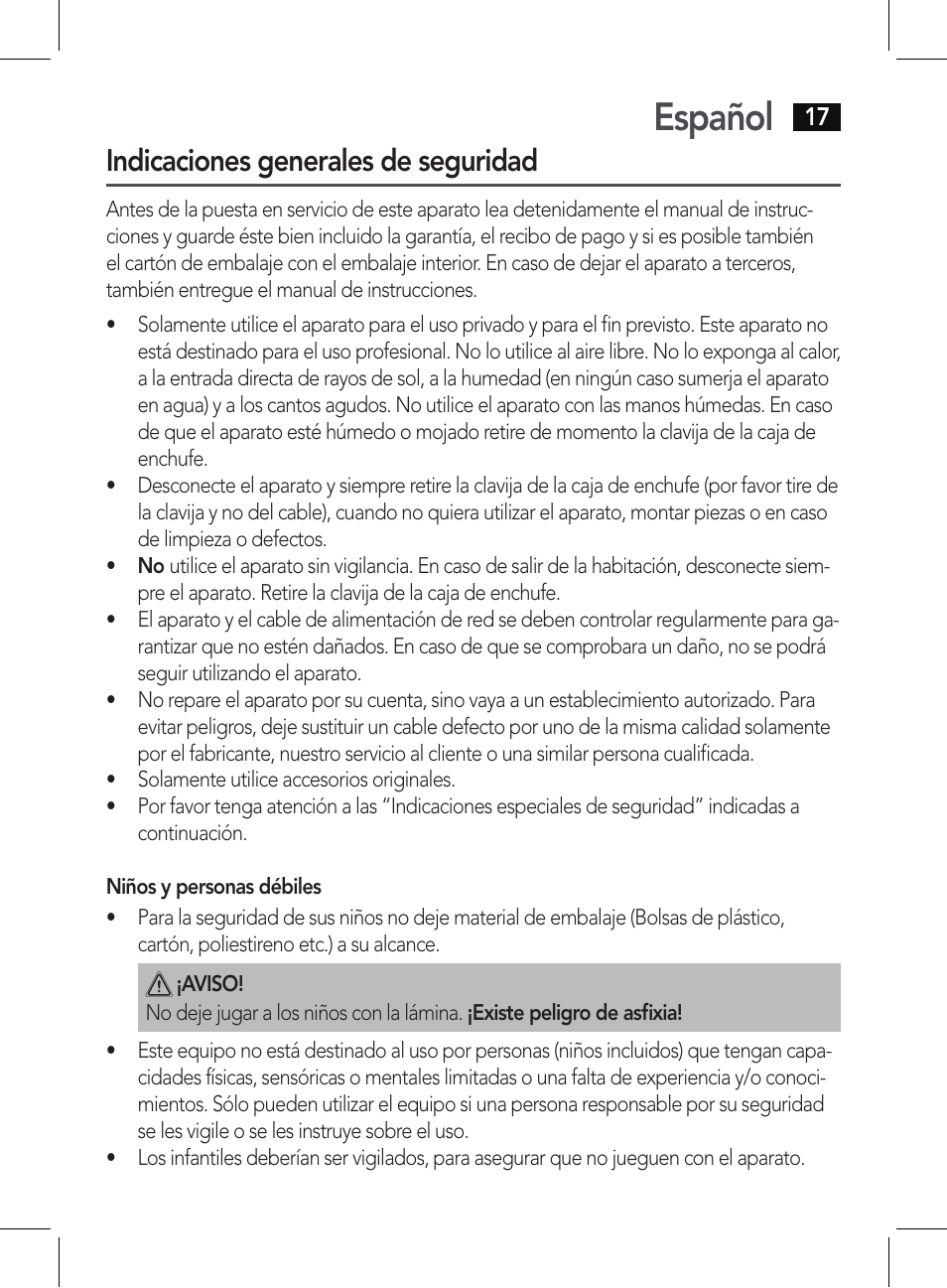 Español, Indicaciones generales de seguridad | AEG HT 5579 User Manual | Page 17 / 52