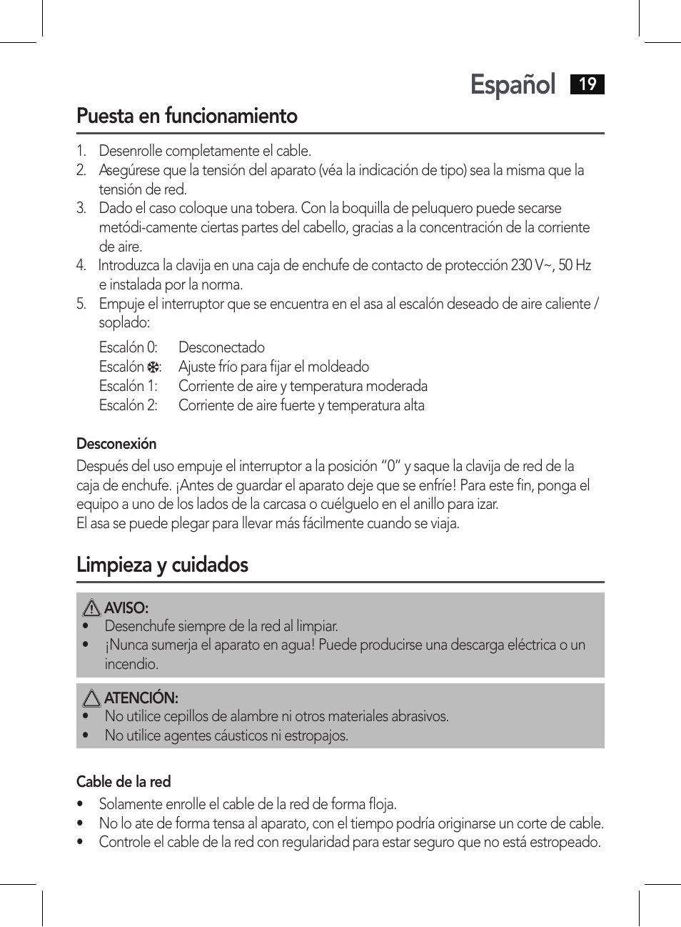 Español, Puesta en funcionamiento, Limpieza y cuidados | AEG HT 5579 User Manual | Page 19 / 52