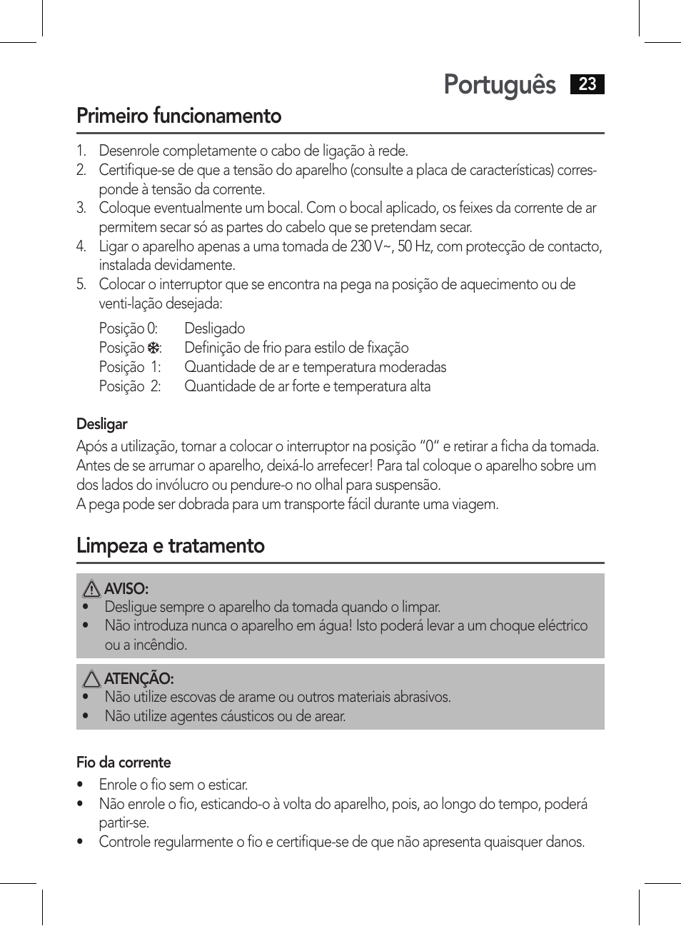 Português, Primeiro funcionamento, Limpeza e tratamento | AEG HT 5579 User Manual | Page 23 / 52