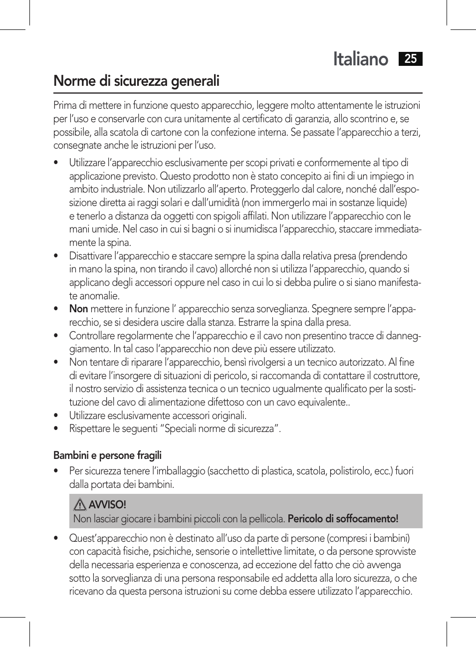 Italiano, Norme di sicurezza generali | AEG HT 5579 User Manual | Page 25 / 52