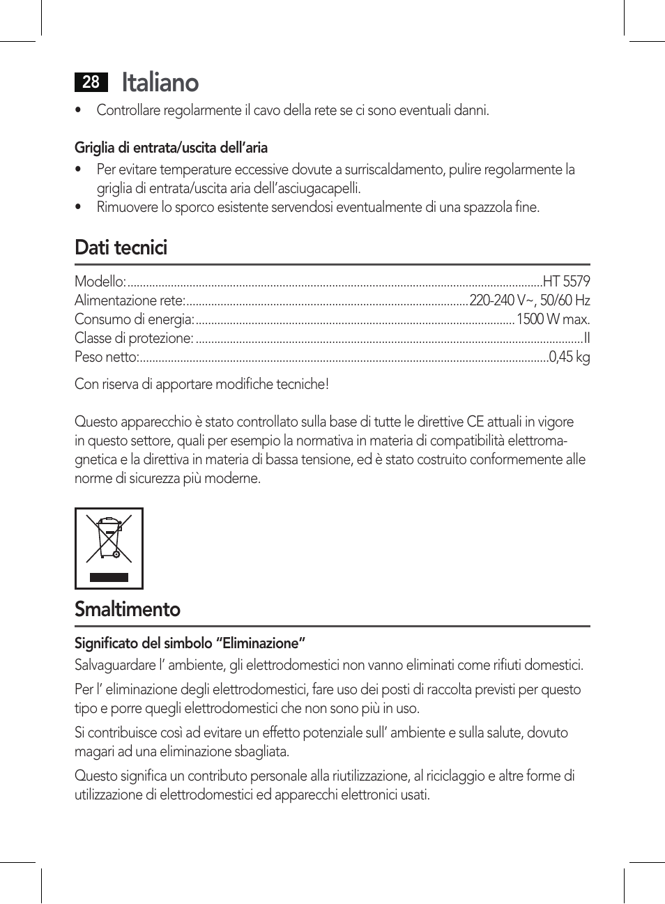 Italiano, Dati tecnici, Smaltimento | AEG HT 5579 User Manual | Page 28 / 52