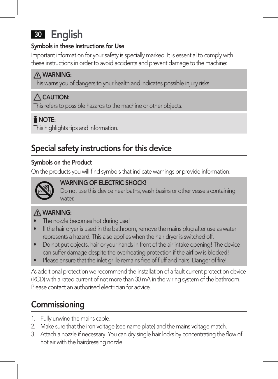 English, Special safety instructions for this device, Commissioning | AEG HT 5579 User Manual | Page 30 / 52