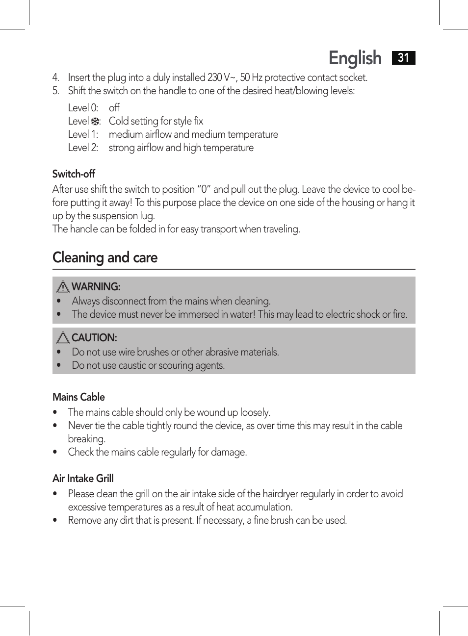 English, Cleaning and care | AEG HT 5579 User Manual | Page 31 / 52