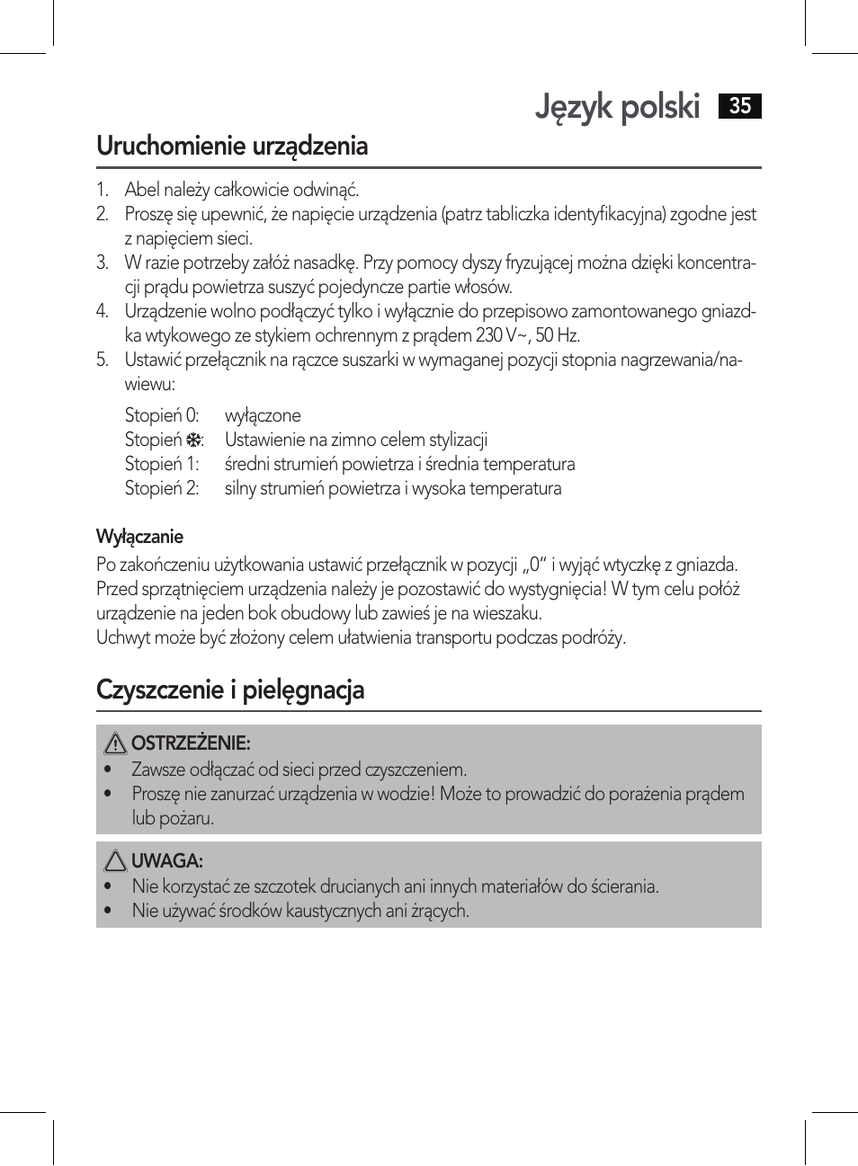 Język polski, Uruchomienie urządzenia, Czyszczenie i pielęgnacja | AEG HT 5579 User Manual | Page 35 / 52