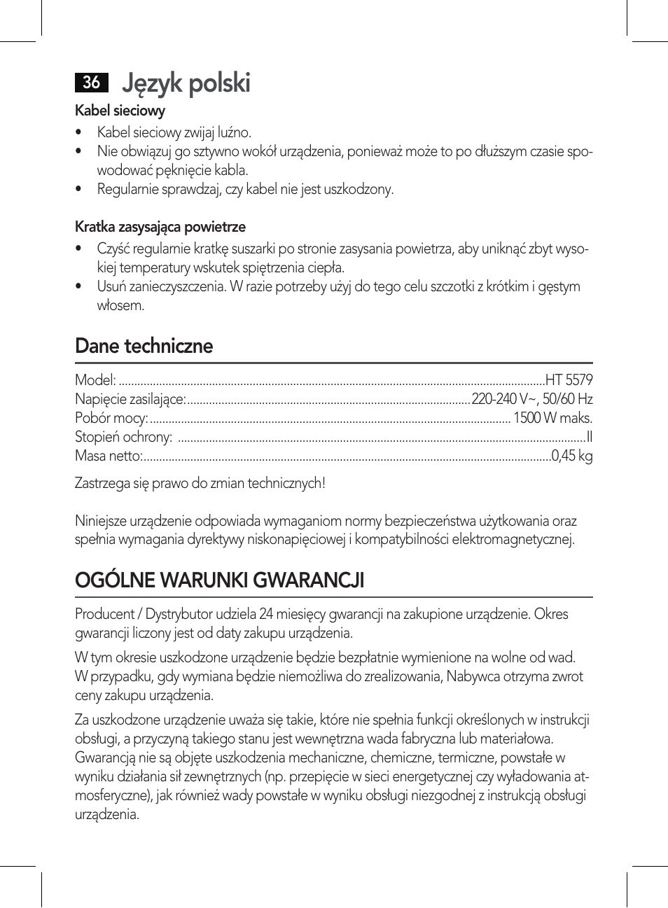 Język polski, Dane techniczne, Ogólne warunki gwarancji | AEG HT 5579 User Manual | Page 36 / 52