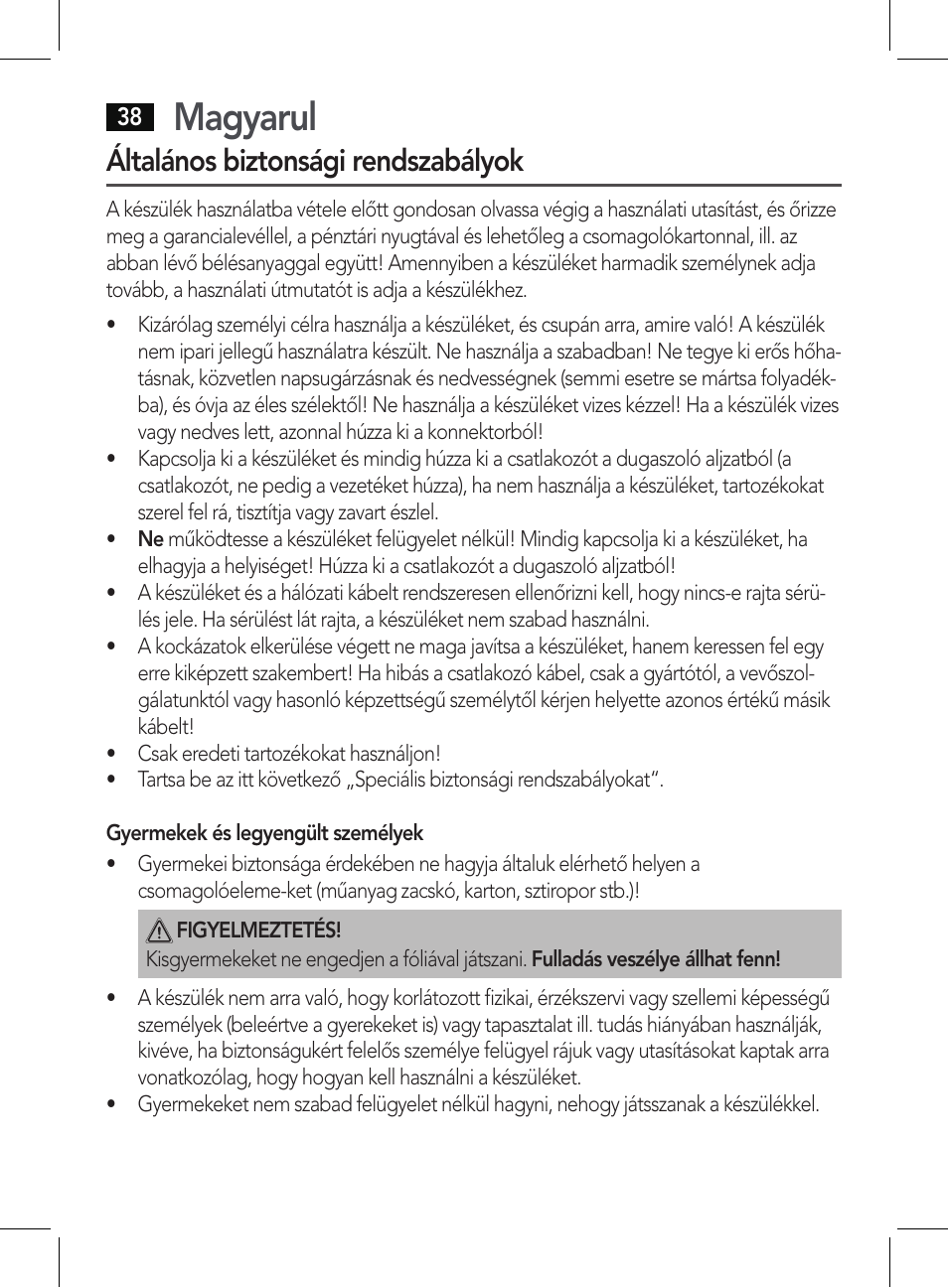 Magyarul, Általános biztonsági rendszabályok | AEG HT 5579 User Manual | Page 38 / 52